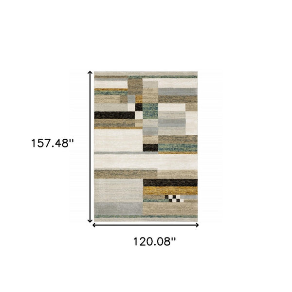 HomeRoots 10' Geometric Power Loom Area Rug in Multi-Tone Beige Gold Black Grey Tan Teal Rust for Modern Spaces 10' X 13' 510831