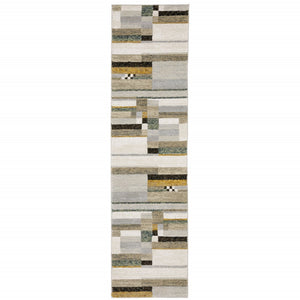 HomeRoots 10' Geometric Power Loom Area Rug in Multi-Tone Beige Gold Black Grey Tan Teal Rust for Modern Spaces 2'3" x 8' 510832