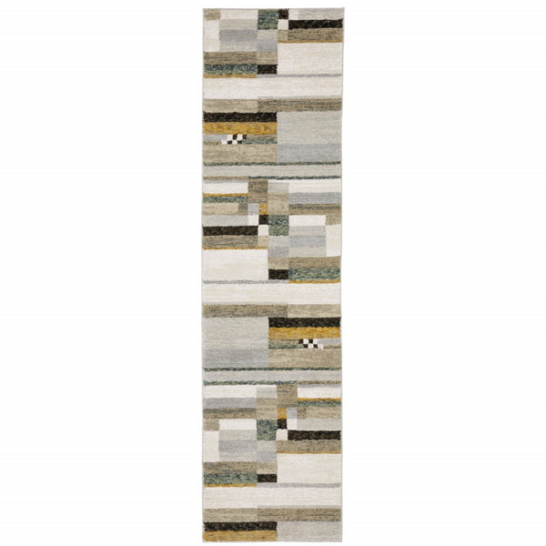 HomeRoots 10' Geometric Power Loom Area Rug in Multi-Tone Beige Gold Black Grey Tan Teal Rust for Modern Spaces 2'3" x 8' 510832