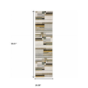 HomeRoots 10' Geometric Power Loom Area Rug in Multi-Tone Beige Gold Black Grey Tan Teal Rust for Modern Spaces 2'3" x 8' 510832