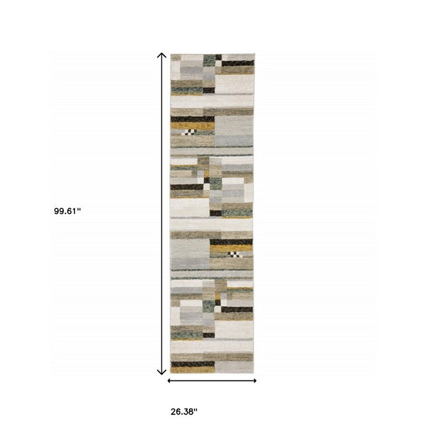 HomeRoots 10' Geometric Power Loom Area Rug in Multi-Tone Beige Gold Black Grey Tan Teal Rust for Modern Spaces 2'3" x 8' 510832