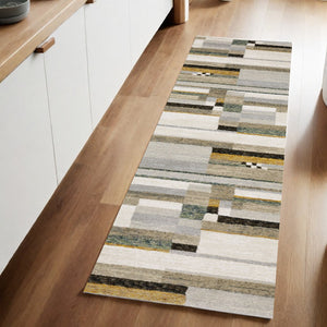 HomeRoots 10' Geometric Power Loom Area Rug in Multi-Tone Beige Gold Black Grey Tan Teal Rust for Modern Spaces 2'3" x 8' 510832