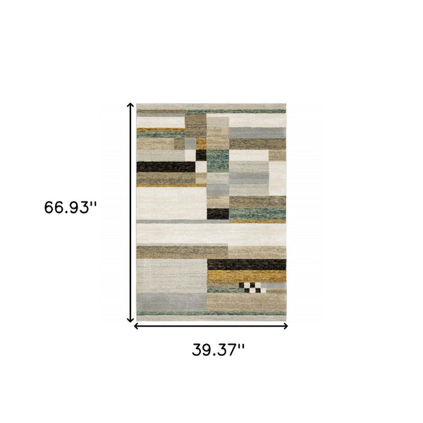 HomeRoots 10' Geometric Power Loom Area Rug in Multi-Tone Beige Gold Black Grey Tan Teal Rust for Modern Spaces 3' x 5' 510833