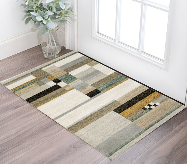 HomeRoots 10' Geometric Power Loom Area Rug in Multi-Tone Beige Gold Black Grey Tan Teal Rust for Modern Spaces 3' x 5' 510833