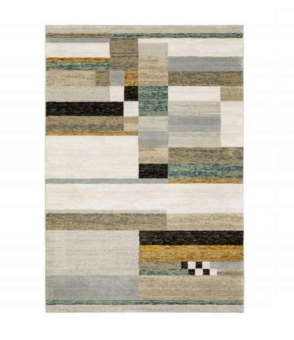 HomeRoots 10' Geometric Power Loom Area Rug in Multi-Tone Beige Gold Black Grey Tan Teal Rust for Modern Spaces 5' X 7' 510834
