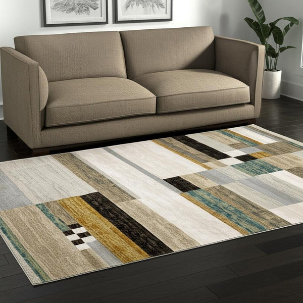 HomeRoots 10' Geometric Power Loom Area Rug in Multi-Tone Beige Gold Black Grey Tan Teal Rust for Modern Spaces 5' X 7' 510834