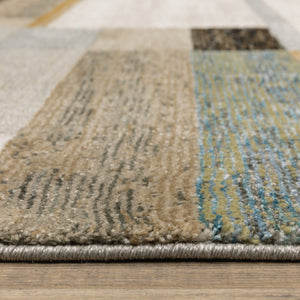HomeRoots 10' Geometric Power Loom Area Rug in Multi-Tone Beige Gold Black Grey Tan Teal Rust for Modern Spaces 5' X 7' 510834