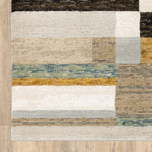 HomeRoots 10' Geometric Power Loom Area Rug in Multi-Tone Beige Gold Black Grey Tan Teal Rust for Modern Spaces 7' X 10' 510835