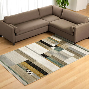 HomeRoots 10' Geometric Power Loom Area Rug in Multi-Tone Beige Gold Black Grey Tan Teal Rust for Modern Spaces 8' X 11' 510836