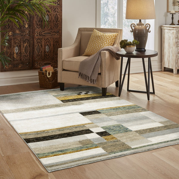 HomeRoots 10' Geometric Power Loom Area Rug in Multi-Tone Beige Gold Black Grey Tan Teal Rust for Modern Spaces 8' X 11' 510836