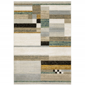 HomeRoots 10' Geometric Power Loom Area Rug in Multi-Tone Beige Gold Black Grey Tan Teal Rust for Modern Spaces 9' X 12' 510837