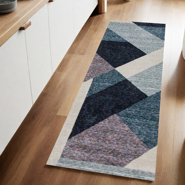 Homeroots 8' Runner Blue Purple Grey And Teal Geometric Power Loom Runner Rug Blue,Purple Other Material 510839