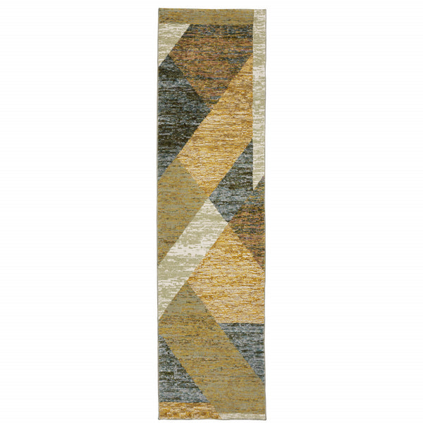 Homeroots 8' Runner Blue And Beige Geometric Power Loom Runner Rug Gold,Blue Other Material 510846