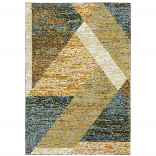 Homeroots 3' X 5' Blue And Beige Geometric Power Loom Area Rug Gold,Blue Other Material 510847