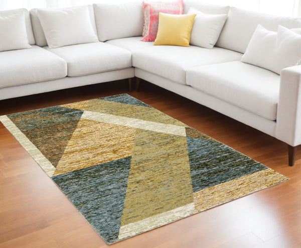 Homeroots 7' X 10' Blue And Beige Geometric Power Loom Area Rug Gold,Blue Other Material 510849