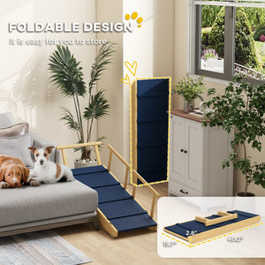 English Elm Adjustable Pine Wood Pet Stairs Foldable Dog Ramp with Guardrails for Safe Climbing T3971P406543