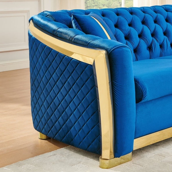 English Elm 106 Inch Velvet Tufted Chesterfield Sectional with Gold Steel Legs for Large Living Rooms Blue W1191S00126