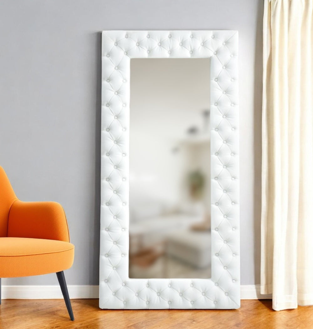 Homeroots 80" White Faux Leather Framed Leaning Accent Mirror  Glass,Mdf,Faux Leather 510897