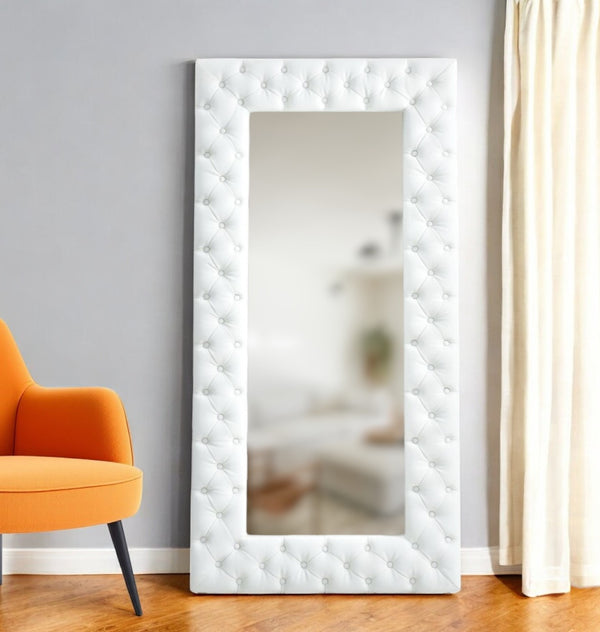Homeroots 80" White Faux Leather Framed Leaning Accent Mirror  Glass,Mdf,Faux Leather 510897