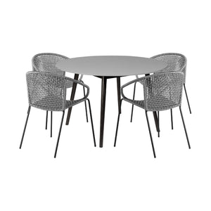 Homeroots Five Piece Gray And Gray And Black Round Stone Dining Set With Four Chairs  Stone,Eucalyptus,Rope 510903