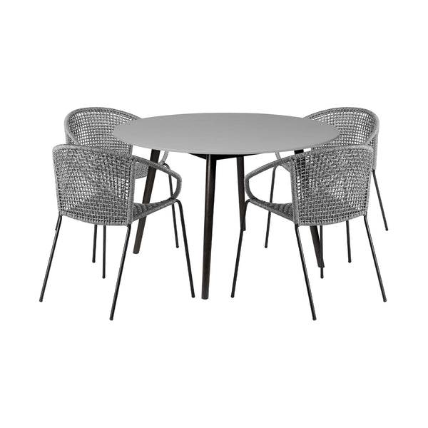 Homeroots Five Piece Gray And Gray And Black Round Stone Dining Set With Four Chairs  Stone,Eucalyptus,Rope 510903