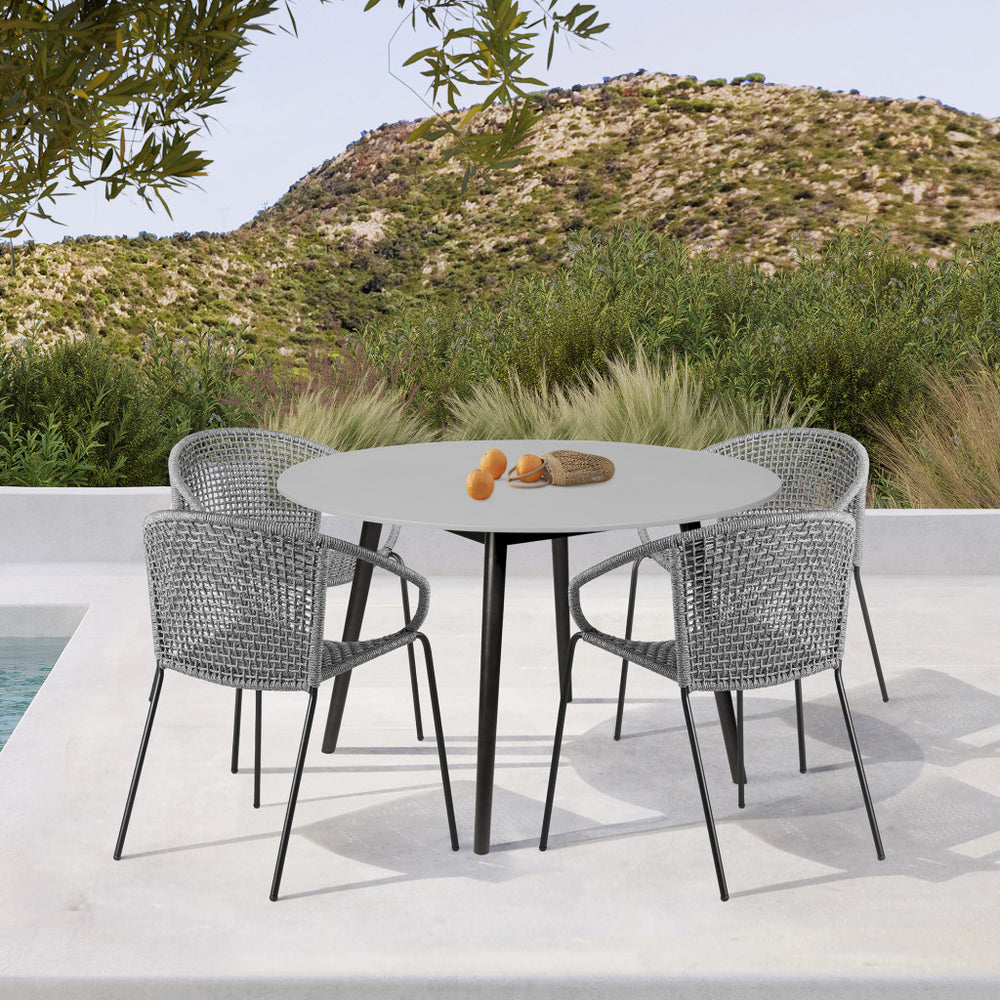 Homeroots Five Piece Gray And Gray And Black Round Stone Dining Set With Four Chairs  Stone,Eucalyptus,Rope 510903