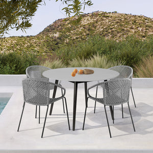 Homeroots Five Piece Gray And Gray And Black Round Stone Dining Set With Four Chairs  Stone,Eucalyptus,Rope 510903