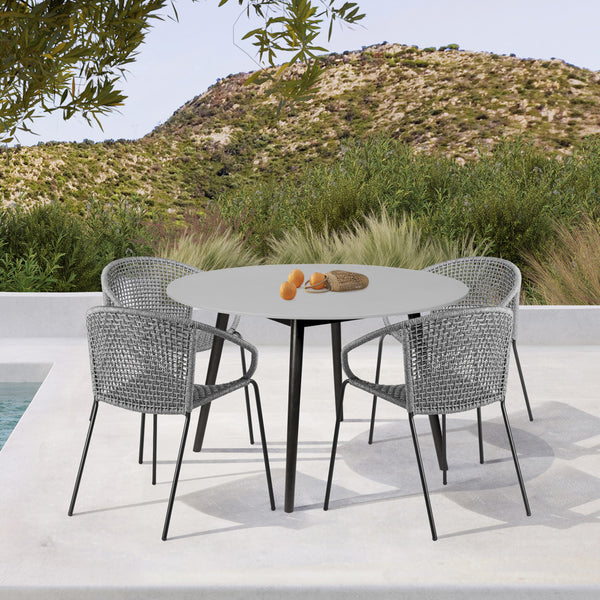 Homeroots Five Piece Gray And Gray And Black Round Stone Dining Set With Four Chairs  Stone,Eucalyptus,Rope 510903