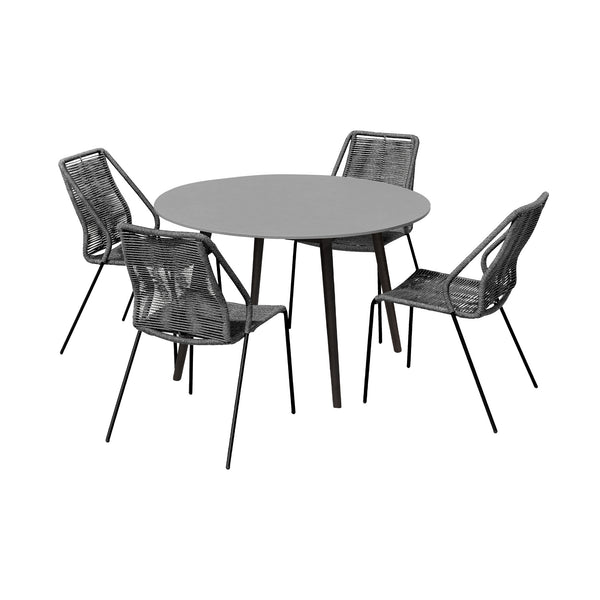 Homeroots Five Piece Gray And Gray And Black Round Stone Dining Set With Four Chairs  Stone,Eucalyptus,Rope 510904