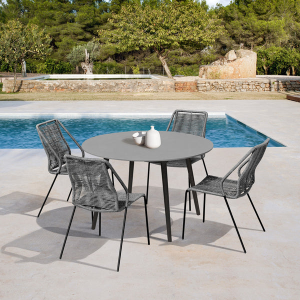 Homeroots Five Piece Gray And Gray And Black Round Stone Dining Set With Four Chairs  Stone,Eucalyptus,Rope 510904