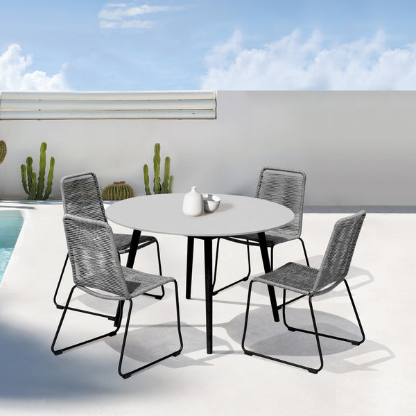 Homeroots Five Piece Gray And Gray And Black Round Stone Dining Set With Four Chairs  Stone,Eucalyptus,Rope 510905