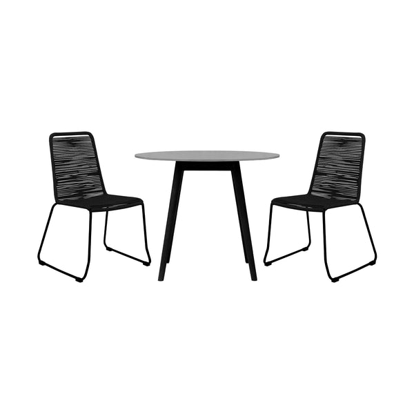 Homeroots Three Piece Gray And Black Round Stone Dining Set With Two Chairs  Stone,Eucalyptus,Rope 510910