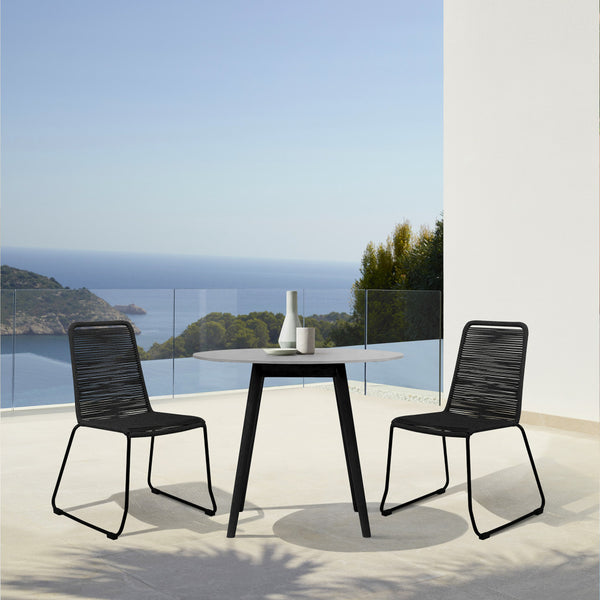 Homeroots Three Piece Gray And Black Round Stone Dining Set With Two Chairs  Stone,Eucalyptus,Rope 510910