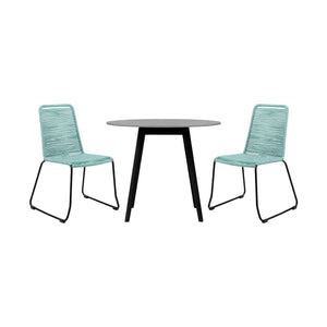 Homeroots Three Piece Gray And Black Round Stone Dining Set With Two Chairs  Stone,Eucalyptus,Rope 510912