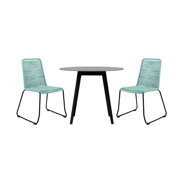 Homeroots Three Piece Gray And Black Round Stone Dining Set With Two Chairs  Stone,Eucalyptus,Rope 510912
