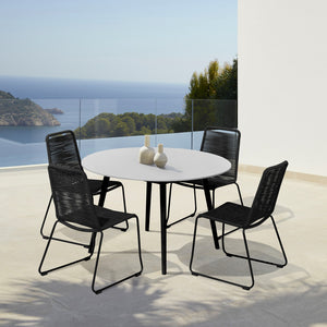 Homeroots Five Piece Gray And Black Round Stone Dining Set With Four Chairs  Stone,Eucalyptus,Rope 510914