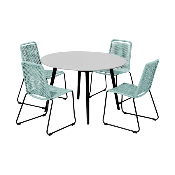 Homeroots Five Piece Gray And Black Round Stone Dining Set With Four Chairs  Stone,Eucalyptus,Rope 510916