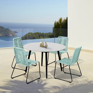 Homeroots Five Piece Gray And Black Round Stone Dining Set With Four Chairs  Stone,Eucalyptus,Rope 510916