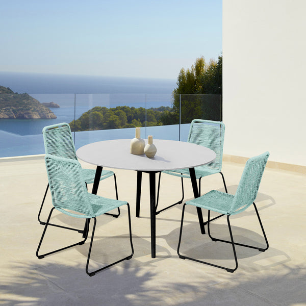 Homeroots Five Piece Gray And Black Round Stone Dining Set With Four Chairs  Stone,Eucalyptus,Rope 510916