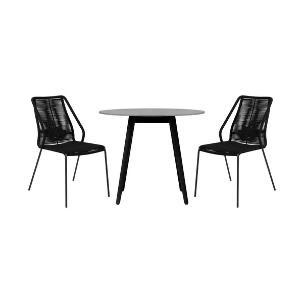 Homeroots Three Piece Gray And Black Round Stone Dining Set With Two Chairs  Stone,Eucalyptus,Rope 510918
