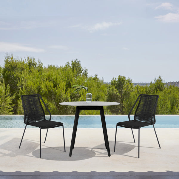 Homeroots Three Piece Gray And Black Round Stone Dining Set With Two Chairs  Stone,Eucalyptus,Rope 510918