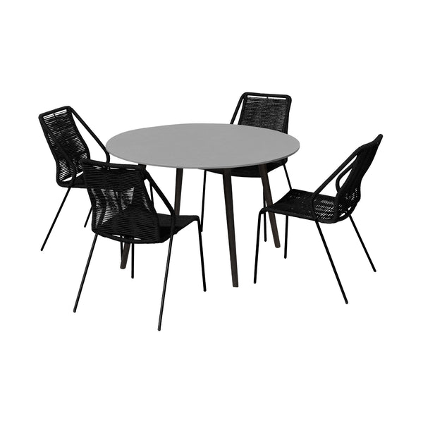 Homeroots Five Piece Gray And Black Round Stone Dining Set With Four Chairs  Stone,Eucalyptus,Rope 510921