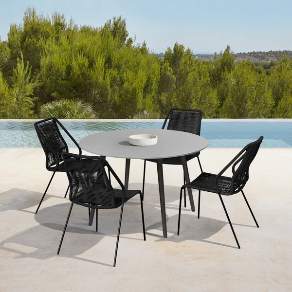 Homeroots Five Piece Gray And Black Round Stone Dining Set With Four Chairs  Stone,Eucalyptus,Rope 510921