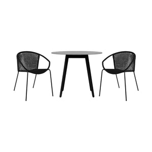 Homeroots Three Piece Gray And Black Round Stone Dining Set With Two Chairs  Stone,Eucalyptus,Rope 510924