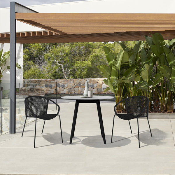 Homeroots Three Piece Gray And Black Round Stone Dining Set With Two Chairs  Stone,Eucalyptus,Rope 510924