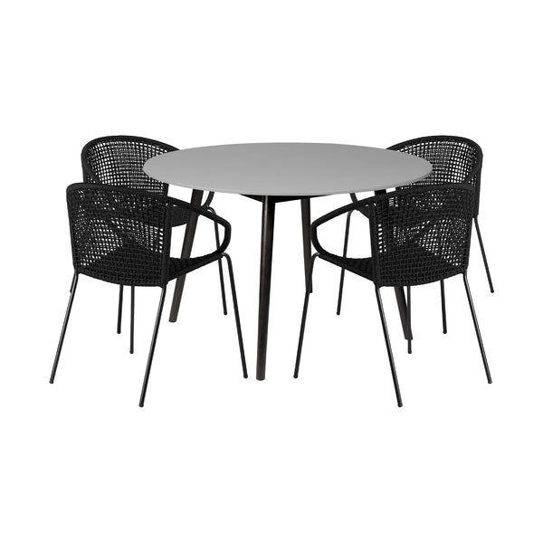 Homeroots Five Piece Gray And Black Round Stone Dining Set With Four Chairs  Stone,Eucalyptus,Rope 510927