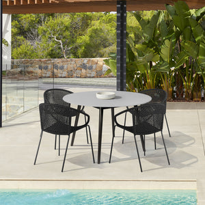 Homeroots Five Piece Gray And Black Round Stone Dining Set With Four Chairs  Stone,Eucalyptus,Rope 510927