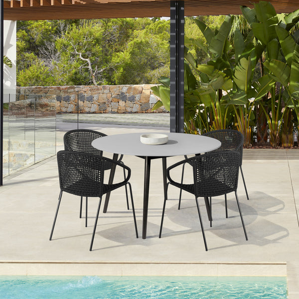 Homeroots Five Piece Gray And Black Round Stone Dining Set With Four Chairs  Stone,Eucalyptus,Rope 510927