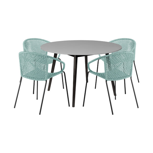 Homeroots Five Piece Gray And Black Round Stone Dining Set With Four Chairs  Stone,Eucalyptus,Rope 510928