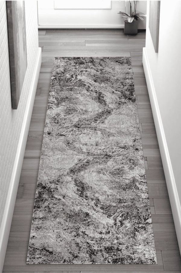 HomeRoots 2' Grey Abstract Runner Rug – Contemporary Design for Hallways, Entryways & Long Rooms, Durable Weave 510930